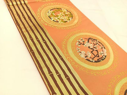 平和屋着物◎六通柄袋帯 唐織 花絵皿 金糸 正絹 逸品 BAAT8254yc