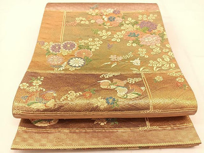 平和屋着物◎佐賀錦 六通柄袋帯 唐織 鴛鴦花丸文 金糸 正絹 逸品 BAAT8258yc