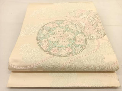 平和屋着物◎六通柄袋帯 鼓花文 銀糸 正絹 逸品 BAAT8324hv