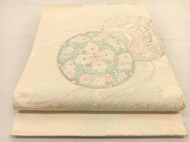平和屋着物◎六通柄袋帯 鼓花文 銀糸 正絹 逸品 BAAT8324hv