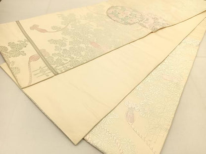 平和屋着物◎六通柄袋帯 鼓花文 銀糸 正絹 逸品 BAAT8324hv