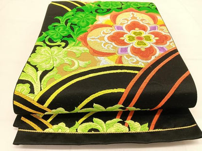 平和屋着物◎六通柄袋帯 唐織 正倉院花唐草文 黒地 金銀糸 正絹 逸品 BAAT8336yc