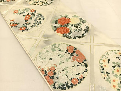 平和屋着物◎六通柄袋帯 唐織 菱天井花丸文 金銀糸 正絹 逸品 BAAT8347yc
