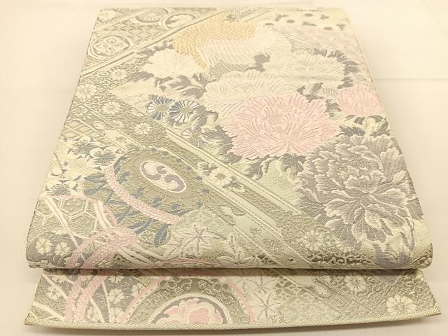 平和屋着物◎六通柄袋帯 唐織 プラチナ本銀二重織 鳳凰楽器花文 正絹 逸品 BAAT8360yc
