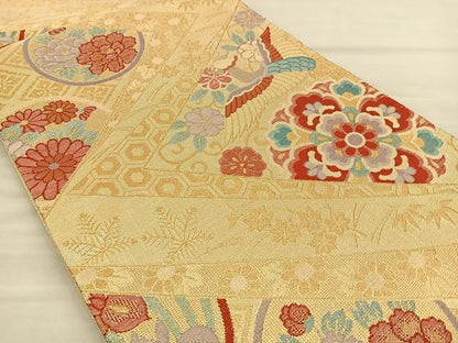 平和屋着物◎佐賀錦 六通柄袋帯 花鳥文 金糸 正絹 逸品 BAAT8613fc