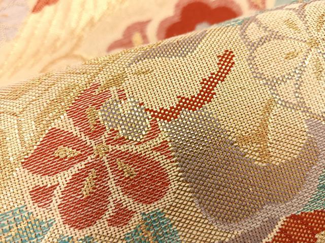 平和屋着物◎佐賀錦 六通柄袋帯 花鳥文 金糸 正絹 逸品 BAAT8613fc