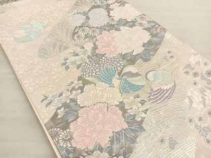 平和屋着物◎六通柄袋帯　唐織　鴛鴦花文　銀糸　正絹　逸品　BAAT8617fc