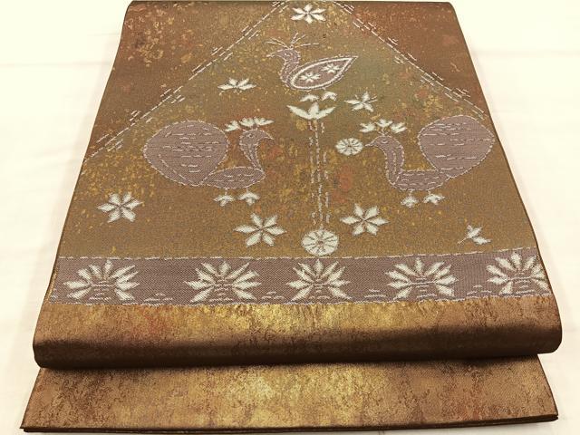 平和屋着物◎太鼓柄袋帯 花鳥文 引箔 正絹 逸品 BAAT8639fc