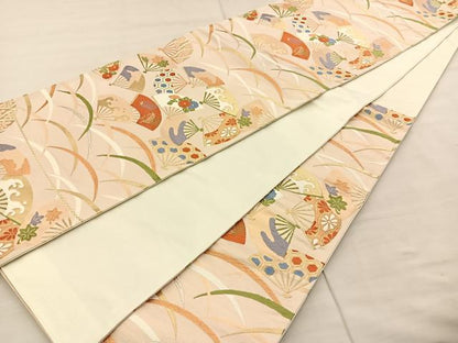 平和屋着物◎六通柄袋帯 唐織 能衣扇面霧芝文 金銀糸 正絹 逸品 BAAT8640fc