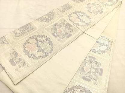 平和屋着物◎六通柄袋帯 唐織 王陶異文 銀糸 正絹 逸品 BAAT9305hv