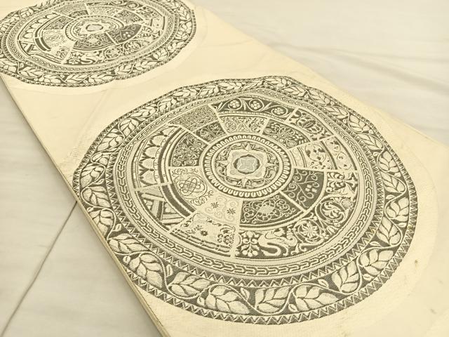 平和屋着物◎六通柄袋帯 花鳥丸文 銀糸 正絹 逸品 BAAT8815fc