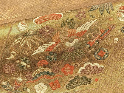 平和屋着物◎六通柄袋帯 地紙吉祥飛鶴文 金糸 正絹 逸品 BAAT8844yt
