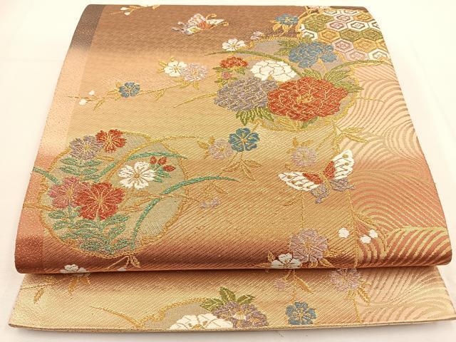 平和屋着物◎六通柄袋帯 雪輪花蝶文 金糸 正絹 逸品 BAAT8884yt