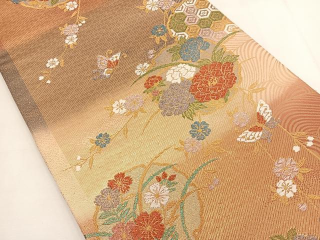 平和屋着物◎六通柄袋帯 雪輪花蝶文 金糸 正絹 逸品 BAAT8884yt