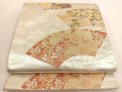 平和屋着物◎六通柄袋帯 扇面巻絵文 金彩箔錦 正絹 逸品 BAAT8899yt