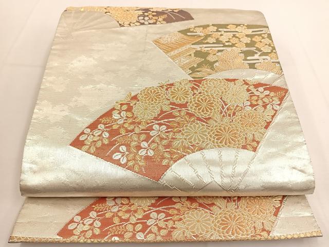 平和屋着物◎六通柄袋帯 扇面巻絵文 金彩箔錦 正絹 逸品 BAAT8899yt