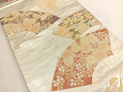 平和屋着物◎六通柄袋帯 扇面巻絵文 金彩箔錦 正絹 逸品 BAAT8899yt