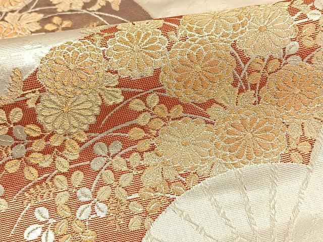 平和屋着物◎六通柄袋帯 扇面巻絵文 金彩箔錦 正絹 逸品 BAAT8899yt