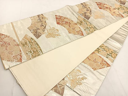 平和屋着物◎六通柄袋帯 扇面巻絵文 金彩箔錦 正絹 逸品 BAAT8899yt