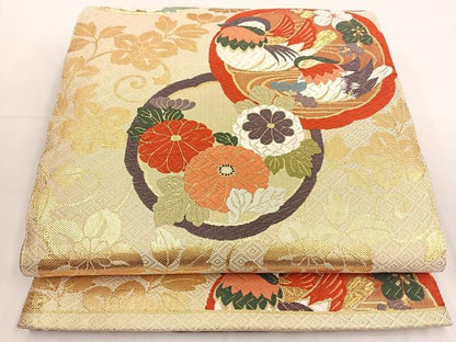 平和屋着物◎佐賀錦 六通柄袋帯 唐織 鴛鴦花丸文 金糸 正絹 逸品 BAAT8905yt