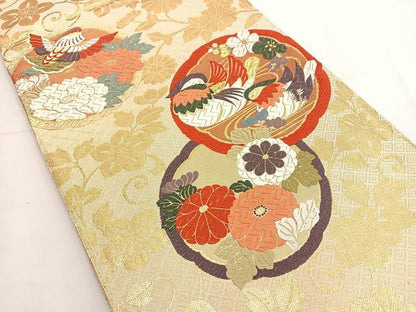 平和屋着物◎佐賀錦 六通柄袋帯 唐織 鴛鴦花丸文 金糸 正絹 逸品 BAAT8905yt