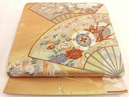 平和屋着物◎六通柄袋帯 唐織 扇面花文 金銀糸 正絹 逸品 BAAT8906yt