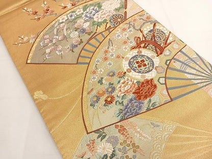 平和屋着物◎六通柄袋帯 唐織 扇面花文 金銀糸 正絹 逸品 BAAT8906yt