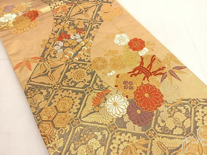 平和屋着物◎六通柄袋帯 唐織 鼓花文 金糸 正絹 逸品 BAAT8907yt