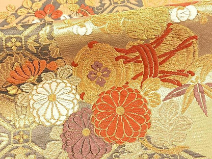 平和屋着物◎六通柄袋帯 唐織 鼓花文 金糸 正絹 逸品 BAAT8907yt