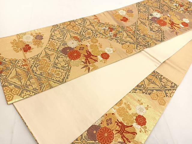 【極アンティーク】 名古屋帯 唐織 六通柄 唐花文様 花柄 正絹 金糸 平和屋着物◎六通柄袋帯 唐織 鼓花文 金糸 正絹 逸品 BAAT8907yt