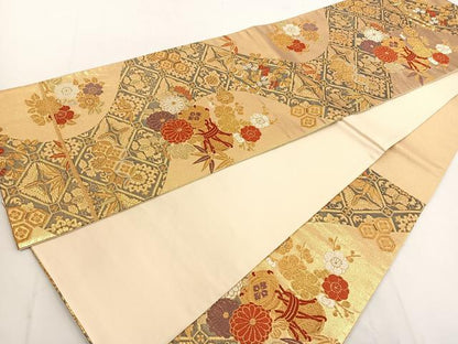 平和屋着物◎六通柄袋帯 唐織 鼓花文 金糸 正絹 逸品 BAAT8907yt