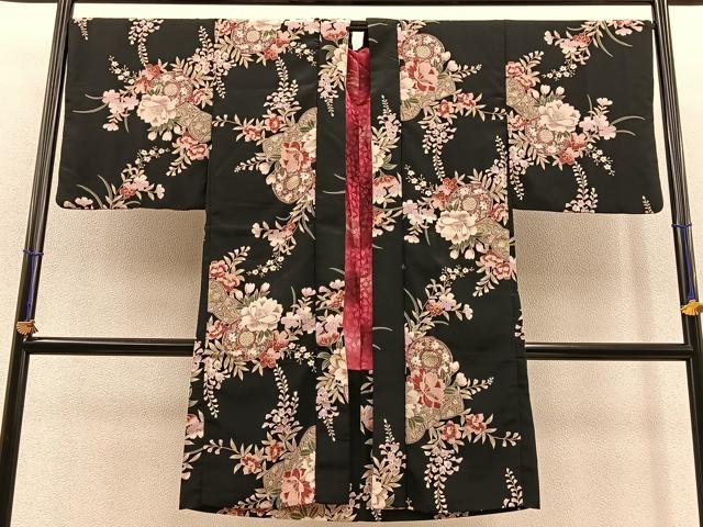 平和屋着物＃H・L（アッシュエル）　HENRI-LUC CHAPUIS　長羽織　鼓花文　黒地　洗える着物　BAAT8929gt