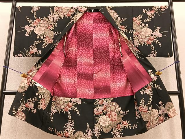 平和屋着物＃H・L（アッシュエル）　HENRI-LUC CHAPUIS　長羽織　鼓花文　黒地　洗える着物　BAAT8929gt