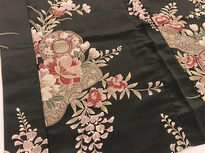平和屋着物＃H・L（アッシュエル）　HENRI-LUC CHAPUIS　長羽織　鼓花文　黒地　洗える着物　BAAT8929gt