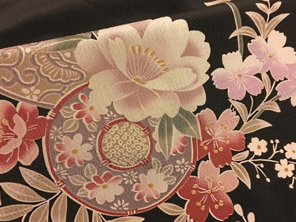 平和屋着物＃H・L（アッシュエル）　HENRI-LUC CHAPUIS　長羽織　鼓花文　黒地　洗える着物　BAAT8929gt