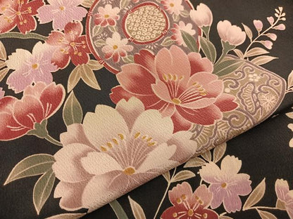 平和屋着物＃H・L（アッシュエル）　HENRI-LUC CHAPUIS　長羽織　鼓花文　黒地　洗える着物　BAAT8929gt