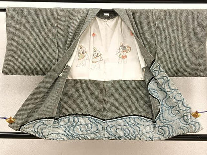 平和屋着物＃羽織　総絞り　観世水　黒地　正絹　逸品　BAAT8942gt