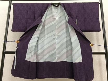 平和屋着物＃道行コート ロング丈 色無地 お召地 立涌花地紋 葡萄色 正絹 逸品 BAAT8981gt