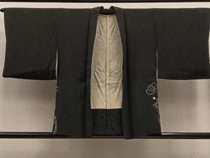 平和屋着物∞羽織　絞り　菊　黒地　正絹　逸品　BAAT8983gt