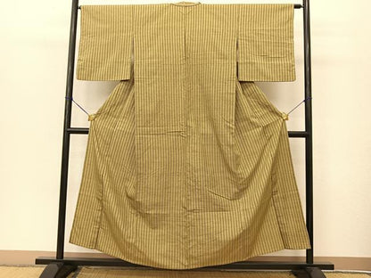 平和屋着物▽上質な紬　単衣　縞　正絹　逸品　BAAT9015yc
