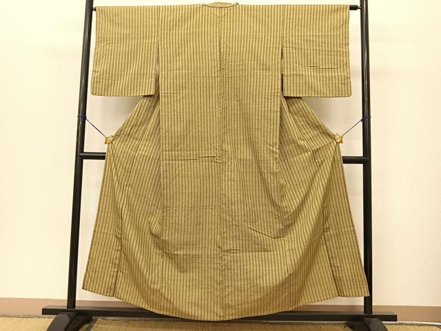 平和屋着物▽上質な紬　単衣　縞　正絹　逸品　BAAT9015yc