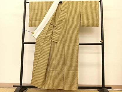 平和屋着物▽上質な紬　単衣　縞　正絹　逸品　BAAT9015yc