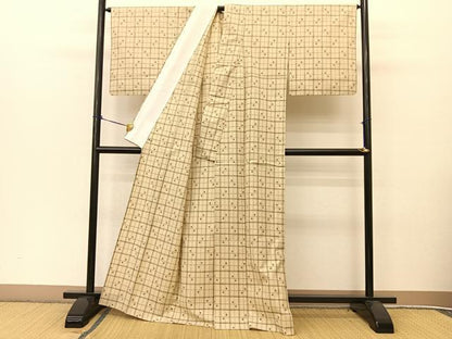 平和屋着物▽お召 単衣 格子柄 さが美扱い BAAT9025yc
