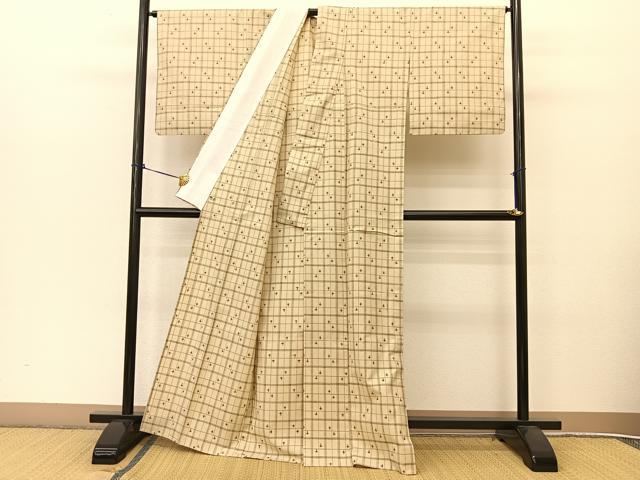 平和屋着物▽お召 単衣 格子柄 さが美扱い BAAT9025yc