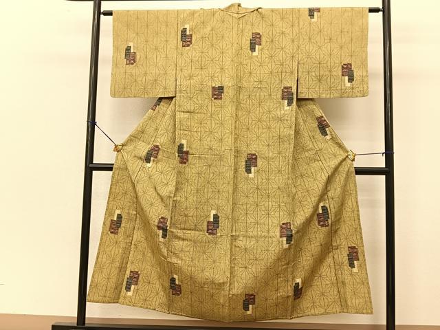 平和屋着物▽上質な紬 単衣 破れ色紙麻の葉間道 正絹 逸品 BAAT9027yc