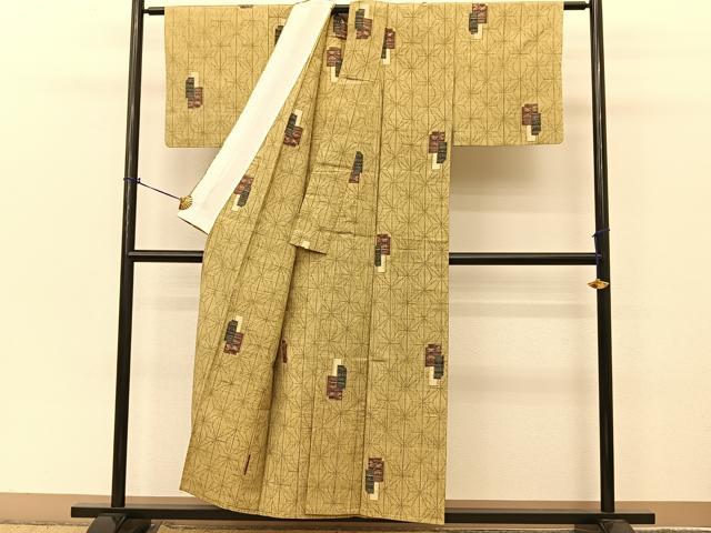平和屋着物▽上質な紬 単衣 破れ色紙麻の葉間道 正絹 逸品 BAAT9027yc