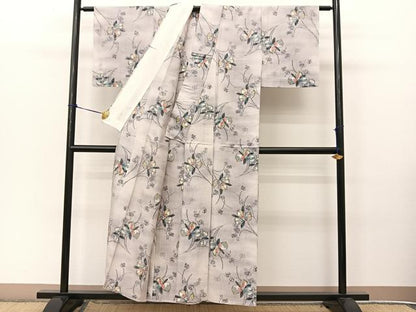 平和屋着物▽上質な紬　単衣　草花文　正絹　逸品　BAAT9030yc
