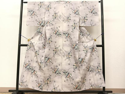 平和屋着物▽上質な紬　単衣　草花文　正絹　逸品　BAAT9030yc
