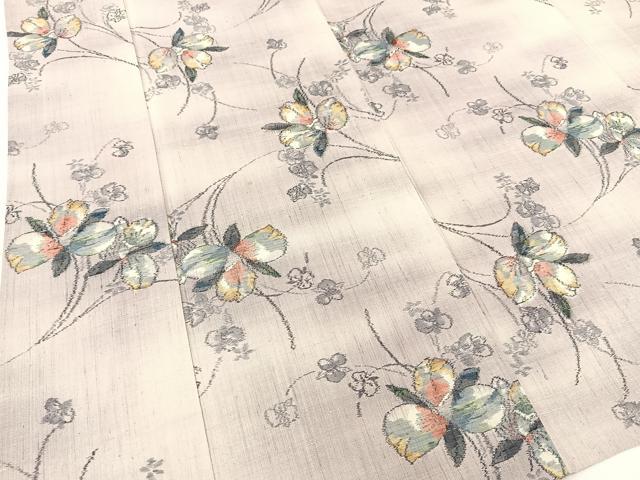 平和屋着物▽上質な紬　単衣　草花文　正絹　逸品　BAAT9030yc