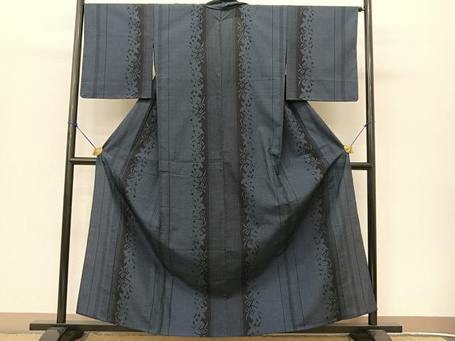 平和屋着物▽本塩沢 単衣 110亀甲 草葉シルエット 正絹 逸品 未使用 BAAT9038yc